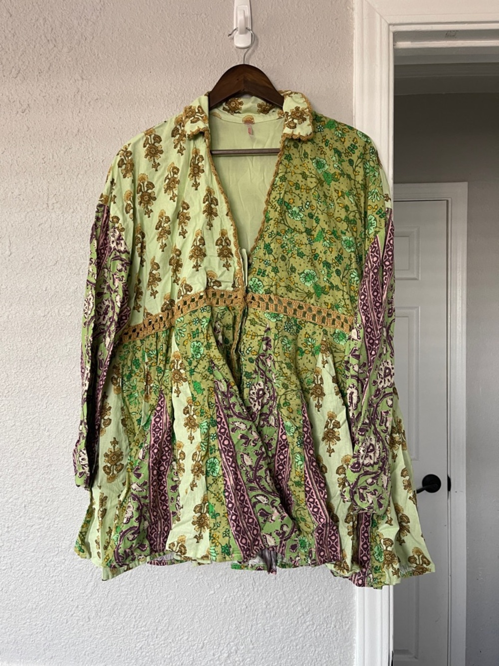 Free People Light Green Floral Patchwork Tunic with Purple Accents